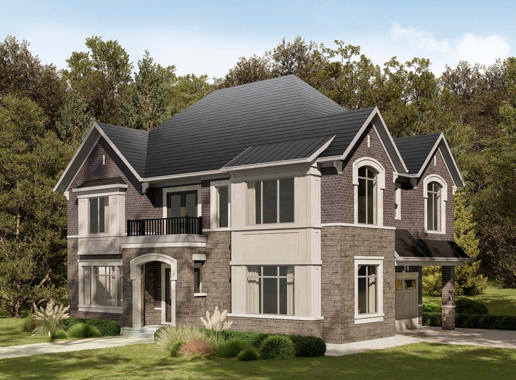40' Collection at Creekside: elevation rendering with twin gables and a bay window