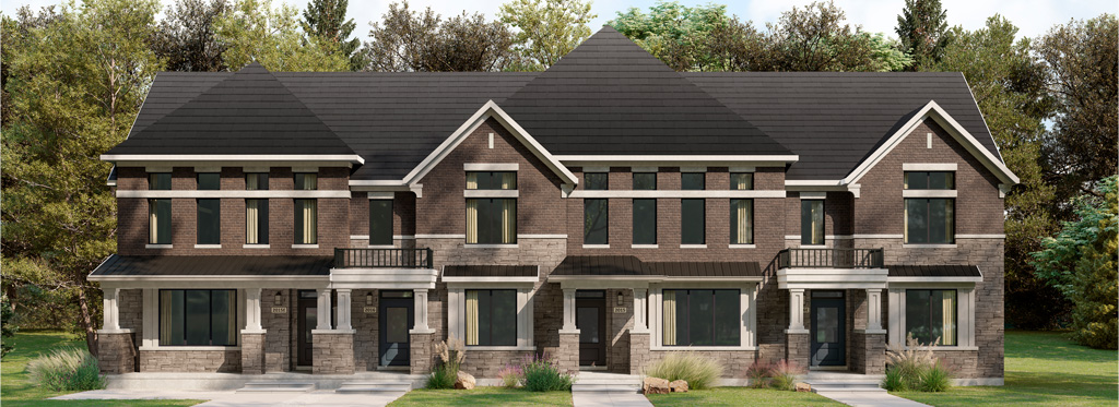 Plan 15N, RL Collection at Creekside: elevation rendering of a town block with gabled roofs