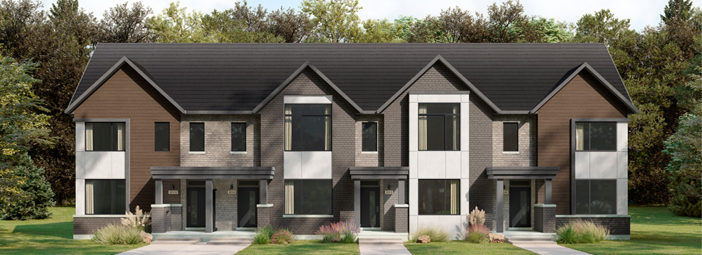 RL Collection at Creekside: elevation rendering of a four-unit town block