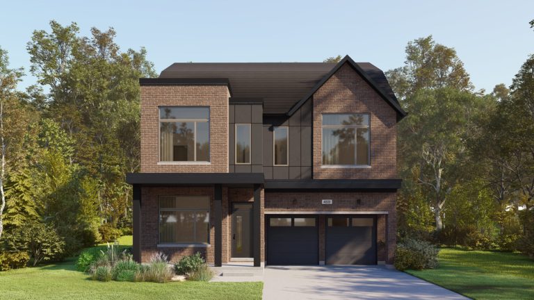 Plan 22, 42' Collection at Creekside: elevation rendering with a recessed entry and double garage