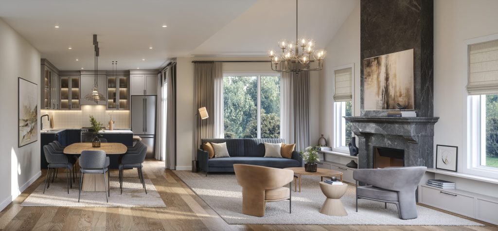 The Wray, 41' Collection: living room with a stone fireplace and a dining area beyond