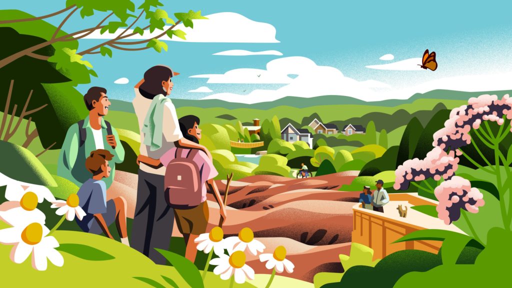 Illustration of a family walking a trail above the Caledon countryside
