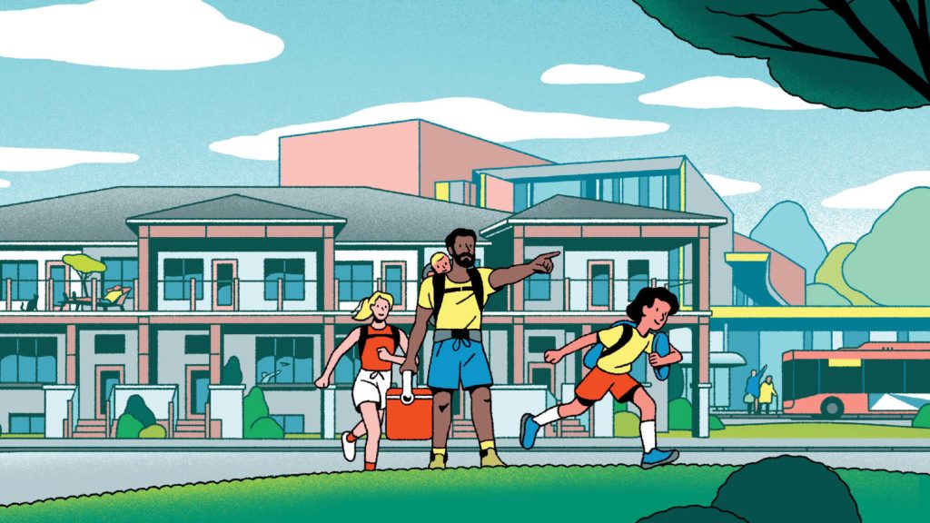 Illustration of children playing and a bus passing a row of Cassette towns