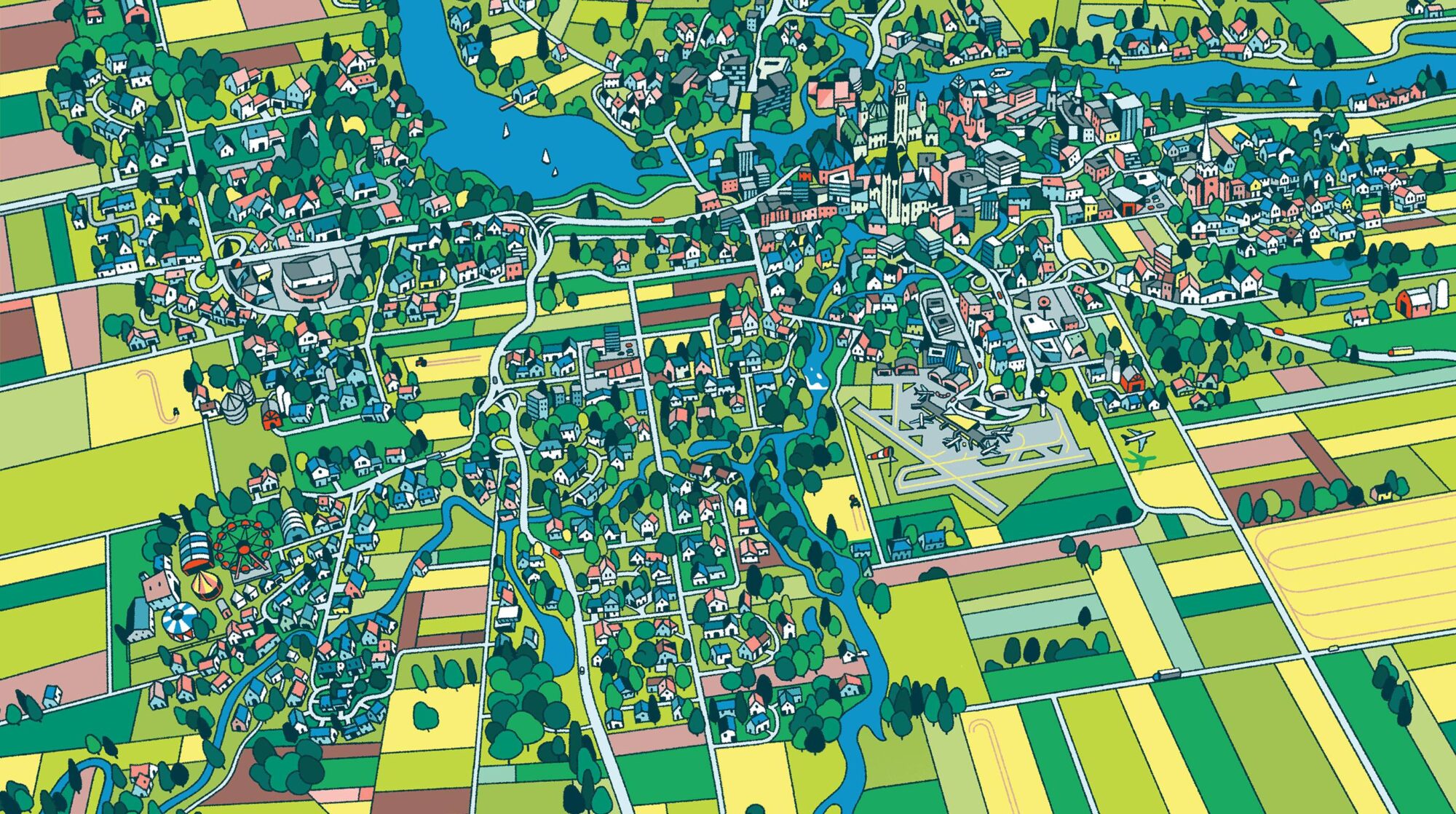 Illustrated map of Ottawa, with the river, farmland and neighbourhood streets