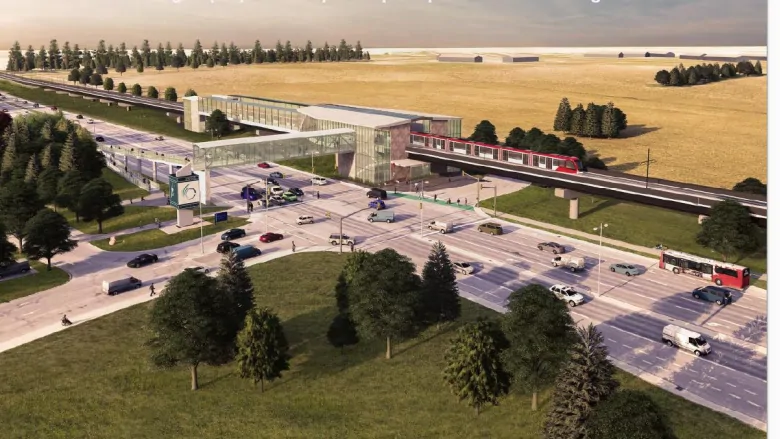 Rendering of the Nepean Sportsplex LRT station, with a train at the platform