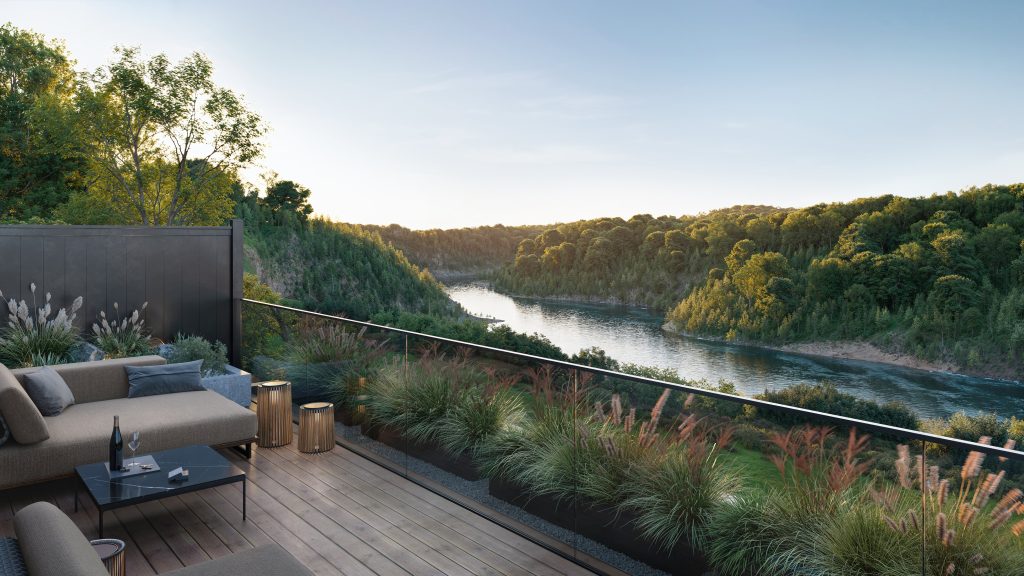 A terrace at Riverview overlooking the wooded river valley