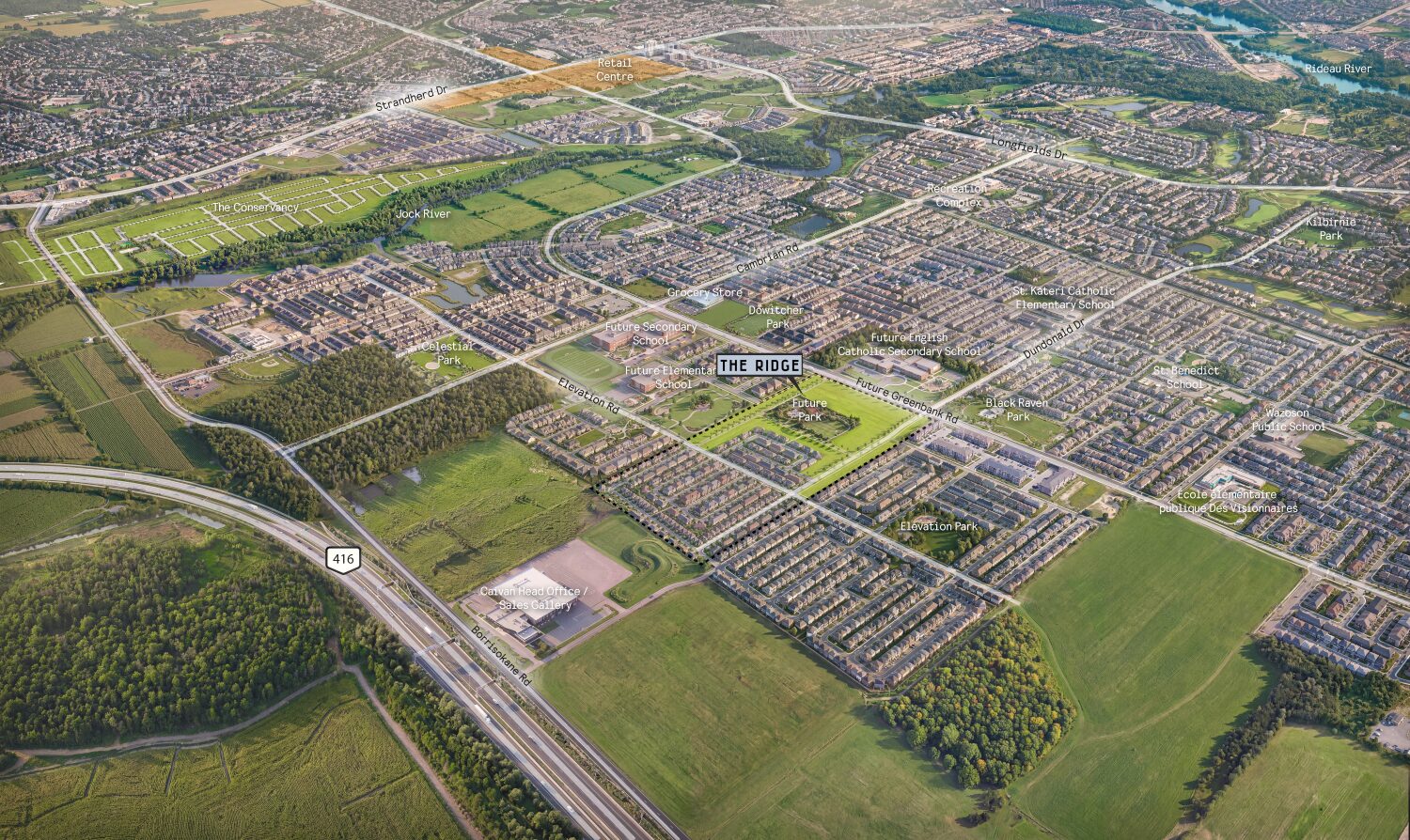 Aerial view of The Ridge in Barrhaven, with streets of homes beside open farmland