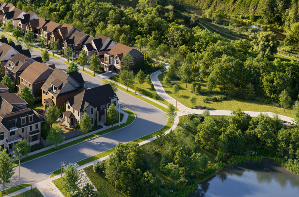 Aerial rendering of Five Oaks, with homes curving around a pond and a wooded pathway