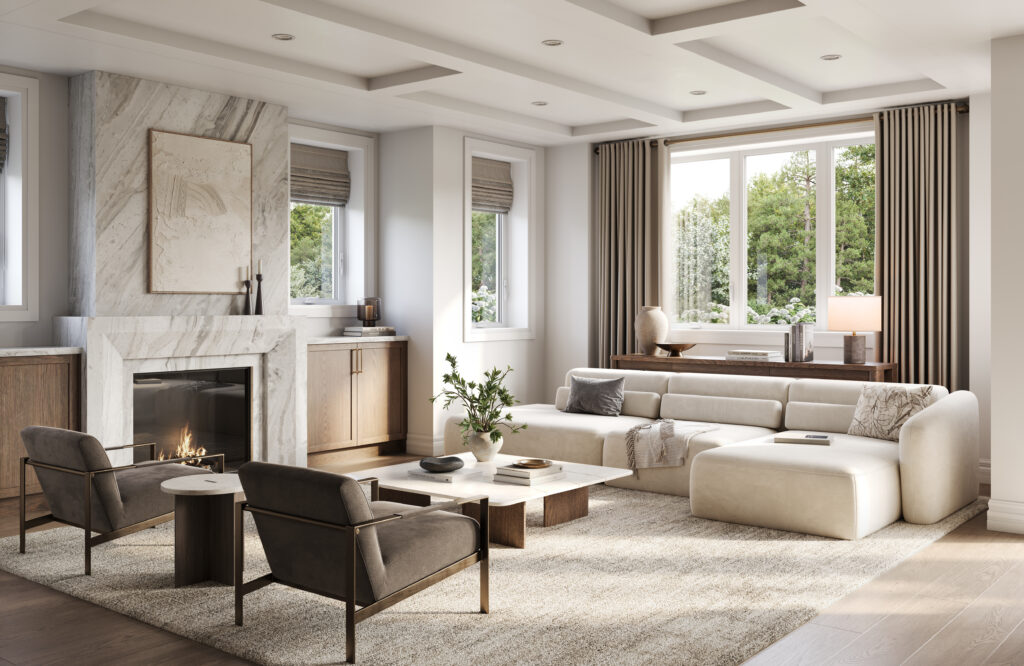 Great room at Five Oaks, with a marble fireplace, coffered ceiling and pale sectional sofa