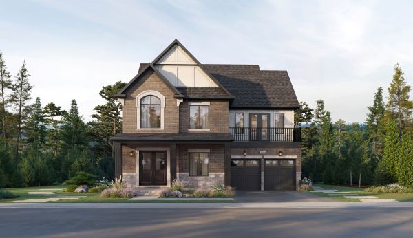 Rendering of a 50′ Collection home at Five Oaks: a two-storey brick home with a front gable and a double garage