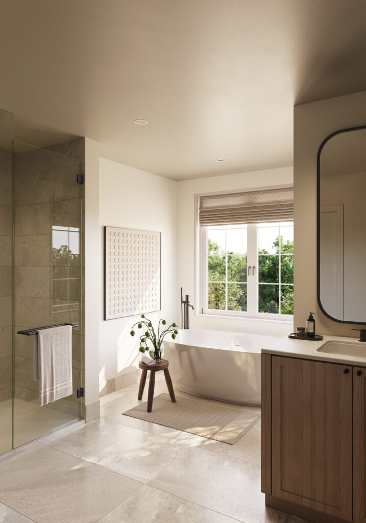 Ensuite at Five Oaks, with a freestanding tub under a window, a glass shower and a wood vanity