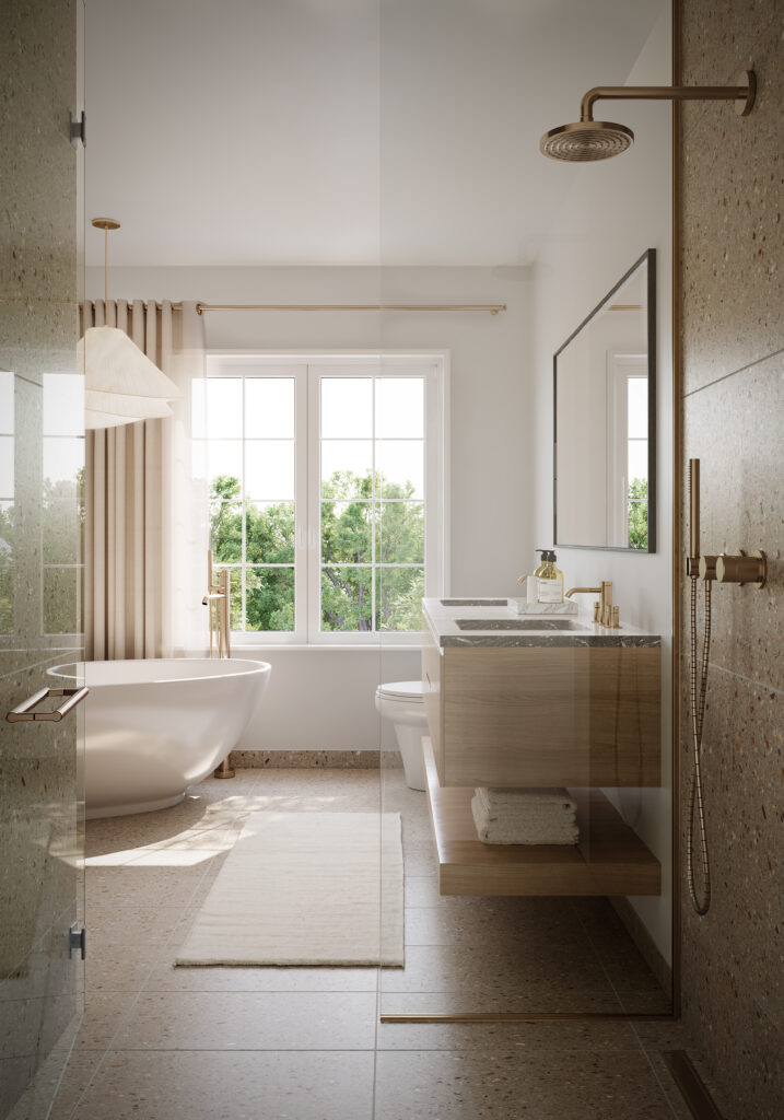 Ensuite at Five Oaks, with a freestanding tub, a terrazzo floor and a floating double vanity behind a glass shower