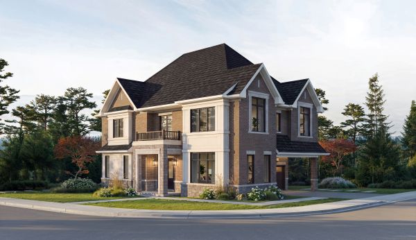 Rendering of a 40′ Collection home at Five Oaks: a two-storey brick corner home with a hip roof