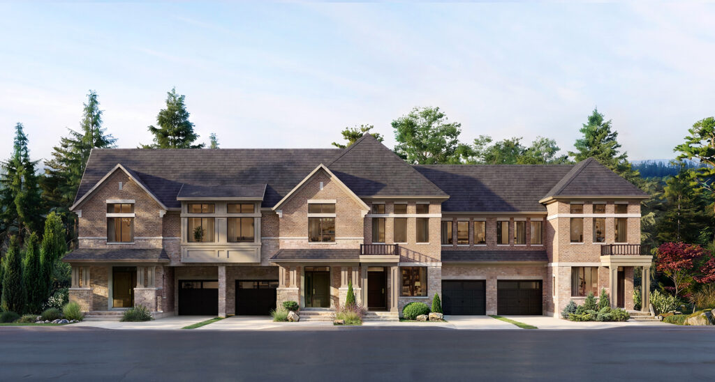 Rendering of the 24′ Townhome Collection at Five Oaks: a two-storey brick townhome block with gables
