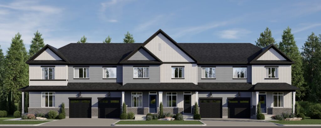 24′ Townhome Collection at The Ridge: Elevation A rendering of a townhome block with white gables