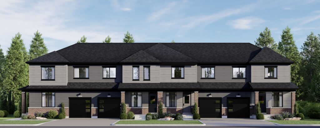 24′ Townhome Collection at The Ridge: Elevation B rendering of a townhome block in grey siding and brick
