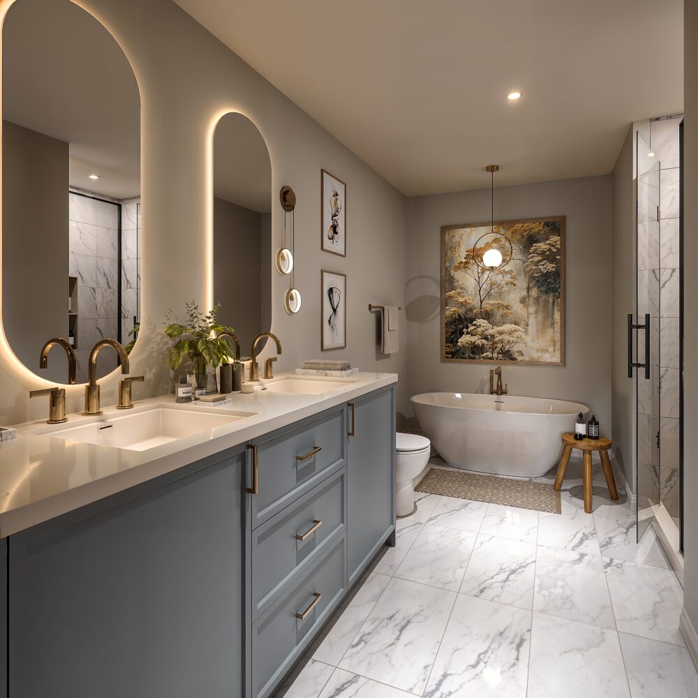 Ensuite in a 24′ townhome at The Ridge, with a double vanity and a freestanding tub