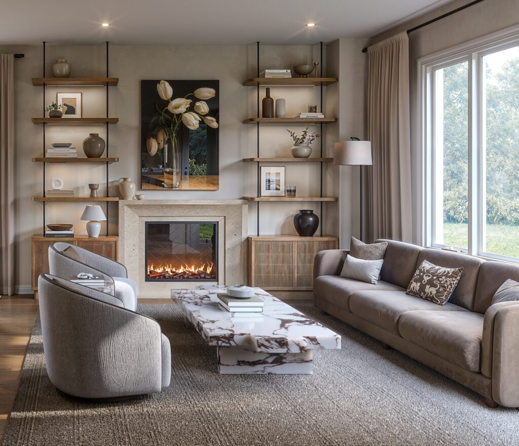 Living room in a 24′ townhome at The Ridge, with a fireplace between open shelving