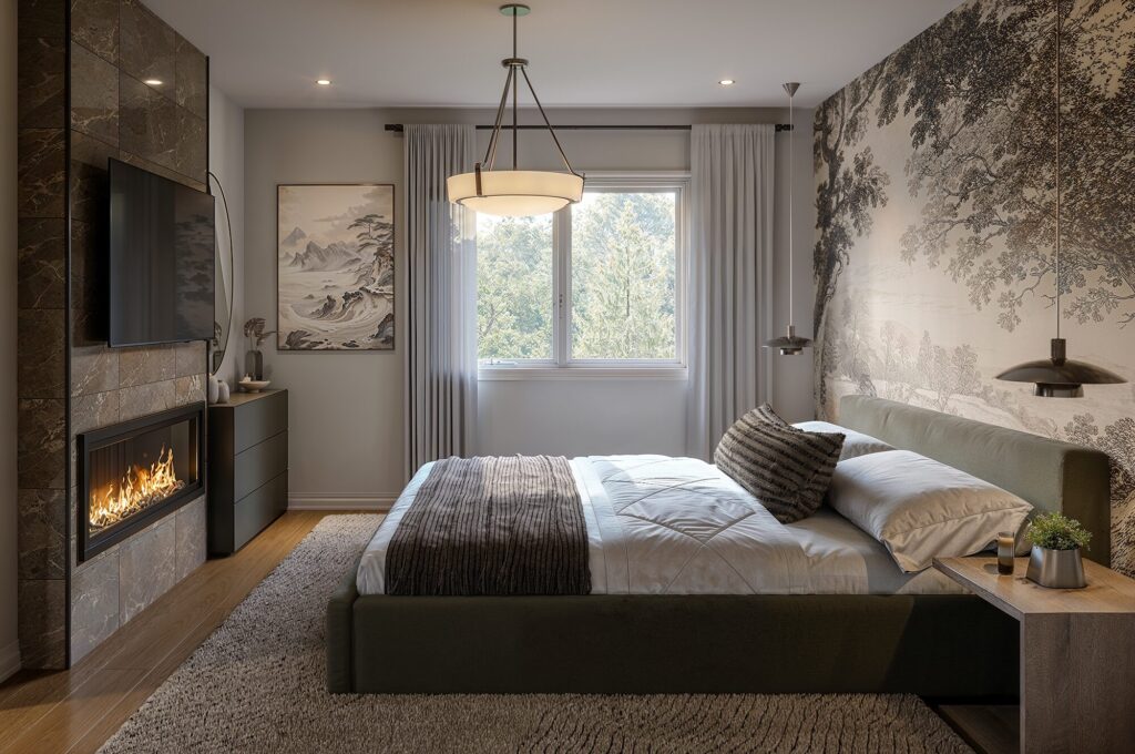 Primary bedroom in a 24′ townhome at The Ridge, with a linear fireplace and a mural wall